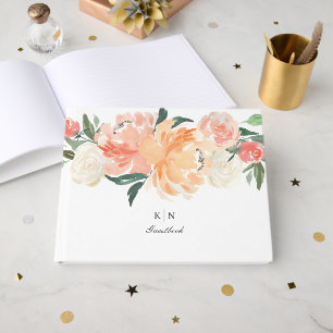 Soft Peach Watercolor Floral Monogram Wedding Guest Book
