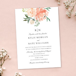 Soft Peach Watercolor Floral Monogram Wedding Invitation