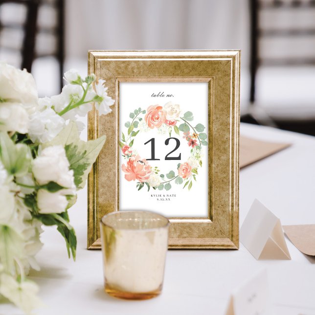 Soft Peach Watercolor Floral Monogram Wedding Table Number (Creator Uploaded)