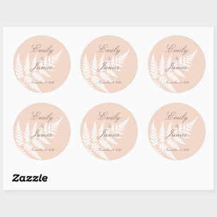 Soft Peach White Fern Elegant Wedding Classic Round Sticker