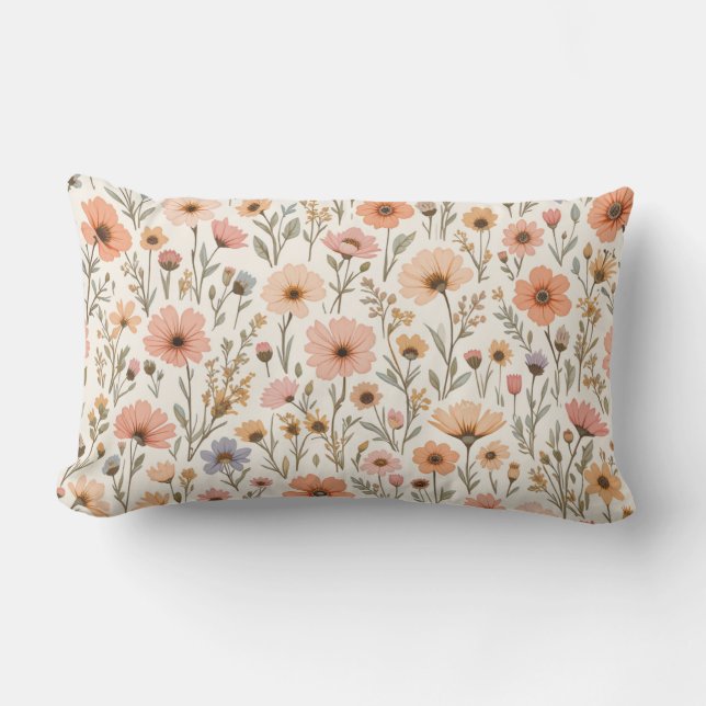 Soft Peach Wildflower Seamless Floral Pattern Lumbar Cushion (Front)