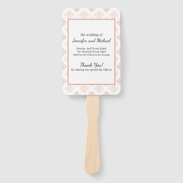 Soft Peachy Blush Damask Wedding Program Hand Fan (Front)