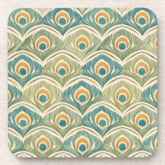 Soft Peacock Feather Pattern in Sage & Gold Coaster (Front)