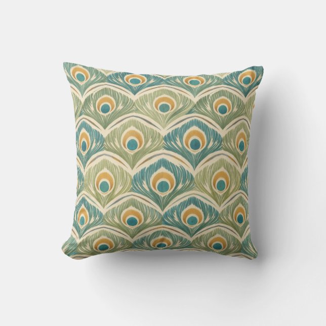 Soft Peacock Feather Pattern in Sage & Gold Cushion (Front)