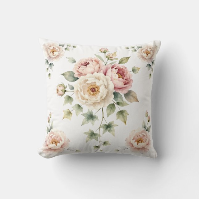 Soft Peony Bouquet Watercolor Elegance Cushion (Front)