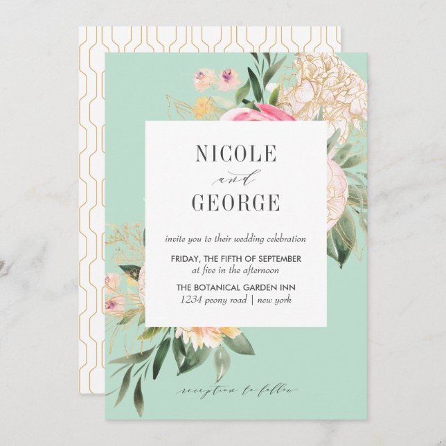 Soft Peony Gold Geometric Aqua Watercolor wedding Invitation (Front/Back)