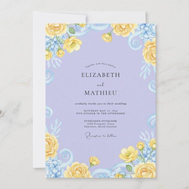 Soft Periwinkle Yellow Wreath Wedding Invitation (Front)