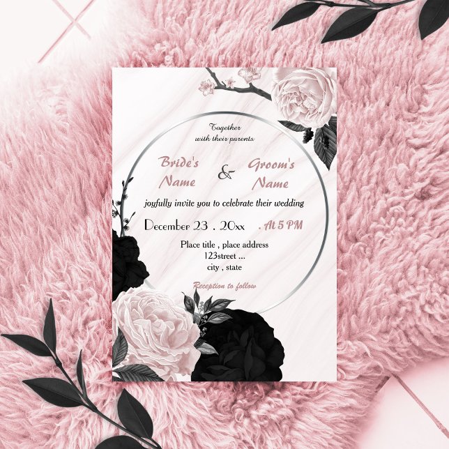 soft pink and black floral wreath wedding invitation (Creator Uploaded)