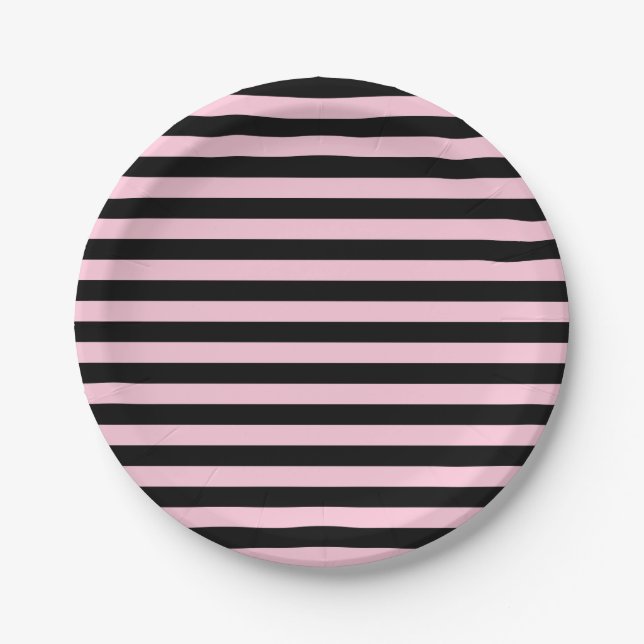 Soft Pink and Black Stripes Paper Plate (Front)