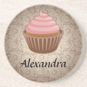 Soft Pink and Brown Cupcake, Personalised Keepsake Coaster
