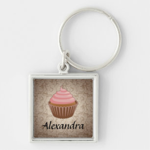 Soft Pink and Brown Cupcake, Personalised Keepsake Key Ring