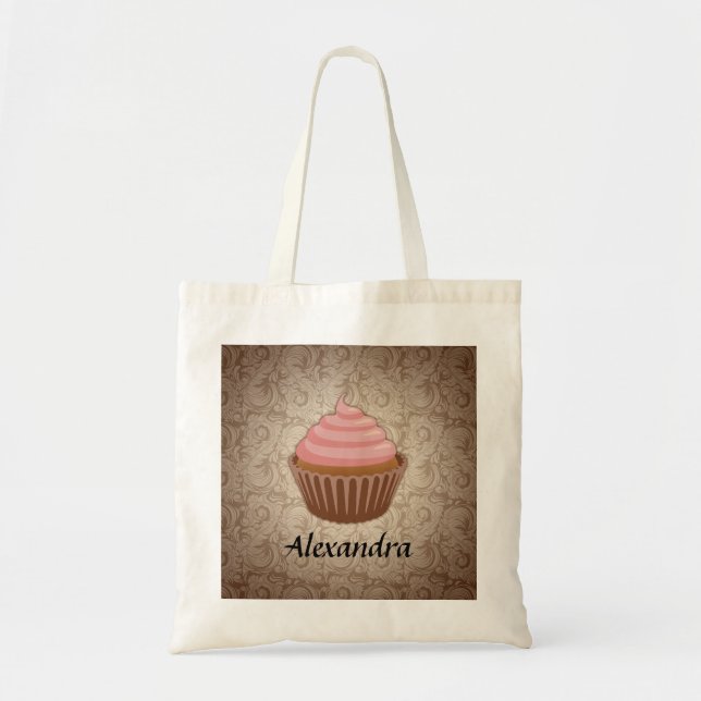 Soft Pink and Brown Cupcake, Personalised Keepsake Tote Bag (Front)