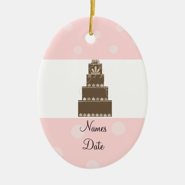Soft Pink and Chocolate Wedding Cake Ceramic Tree Decoration (Front)