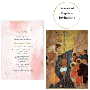 Soft Pink and Faux Gold Glitter Orthodox Baptism Invitation