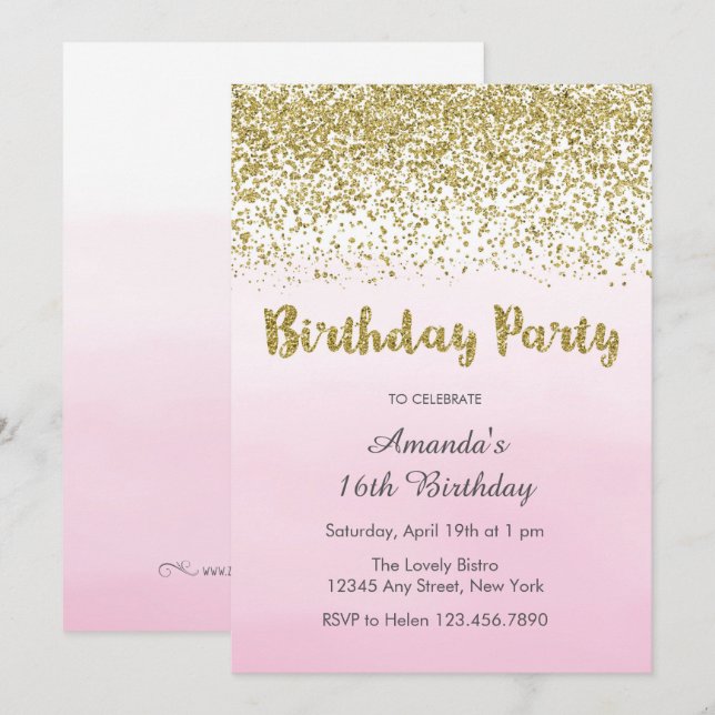 Soft Pink and Gold Birthday Invitation (Front/Back)