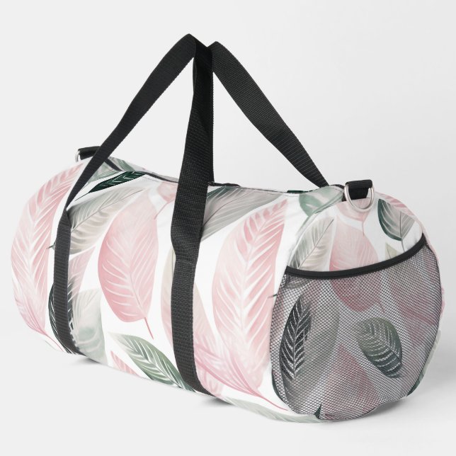 Soft Pink and Green Botanical Leaf Pattern Duffle Bag (Right Corner)