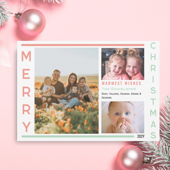 Soft Pink and Green Minimalist Photo Collage Holiday Card (Modern Miniml Merry Christmas  3 photo card in Soft Pink and Sage)