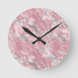 Soft Pink and Silver Marble-Like Pattern Round Clock