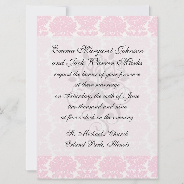 soft pink and white flourish damask pattern invitation (Front)