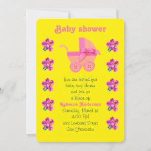 Soft pink baby carriage, Pink, purple sewn flowers Invitation