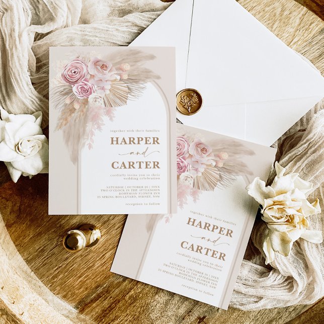 Soft Pink Beige Boho Pampas Grass Wedding Invitation (Creator Uploaded)