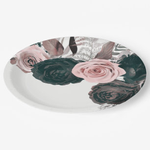 Soft Pink & Black Floral Greenery White Wedding Paper Plate