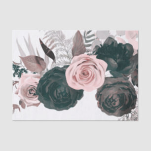 Soft Pink & Black Floral Greenery White Wedding Tissue Paper