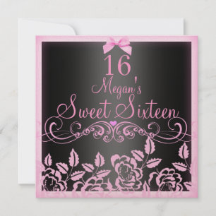 Soft Pink & Black Rose Sweet16 Birthday Invite