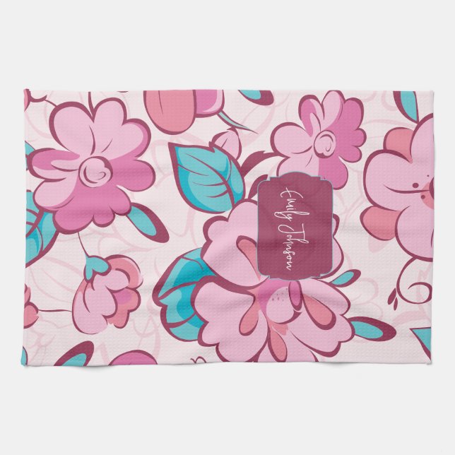 Soft Pink Bloom Floral Pattern Custom Name Tea Towel (Horizontal)
