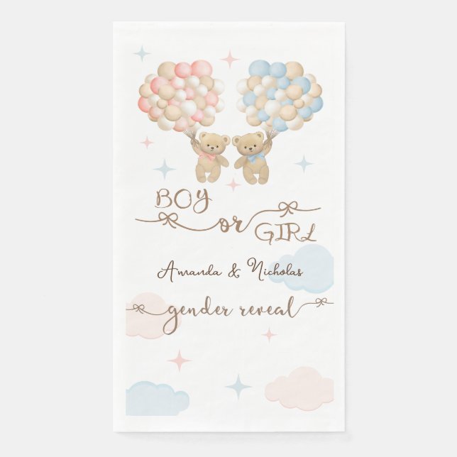 Soft Pink Blue Teddy Bear Gender Reveal Napkin (Front)