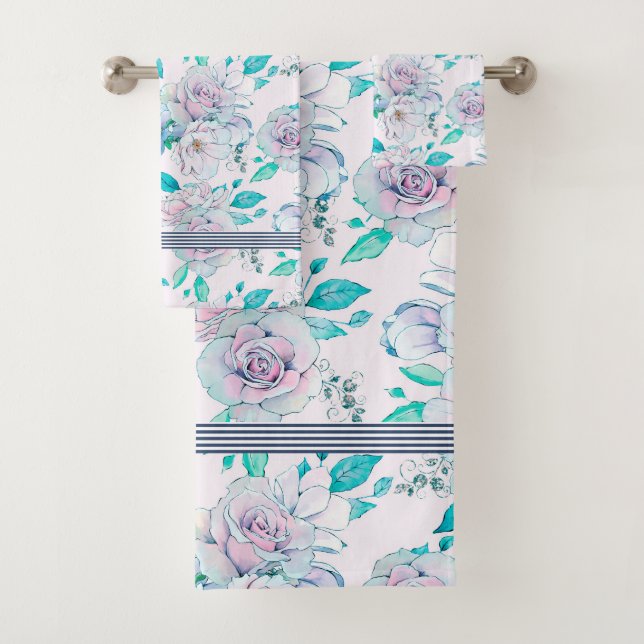 Soft pink & blue vintage roses pattern bath towel set (Insitu)