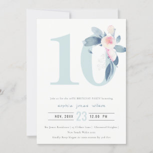 SOFT PINK BLUSH BLUE FLORAL 10TH ANY AGE BIRTHDAY INVITATION
