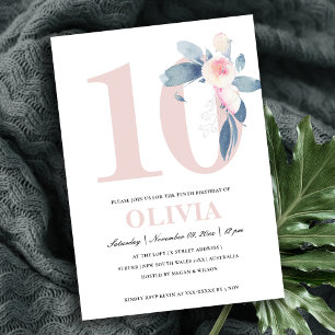 SOFT PINK BLUSH BLUE FLORAL 10TH ANY AGE BIRTHDAY INVITATION