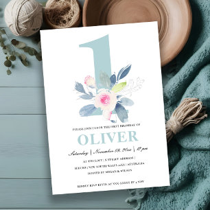 SOFT PINK BLUSH BLUE FLORAL 1st ANY AGE BIRTHDAY Invitation