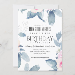 SOFT PINK BLUSH BLUE FLORAL 25th ANY AGE BIRTHDAY Invitation