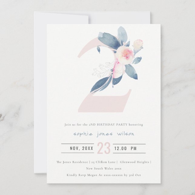 SOFT PINK BLUSH BLUE FLORAL 2nd ANY AGE BIRTHDAY Invitation (Front)