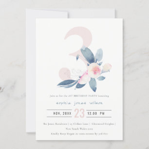 SOFT PINK BLUSH BLUE FLORAL 3RD ANY AGE BIRTHDAY INVITATION