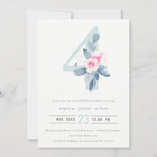 SOFT PINK BLUSH BLUE FLORAL 4TH ANY AGE BIRTHDAY INVITATION (Front)