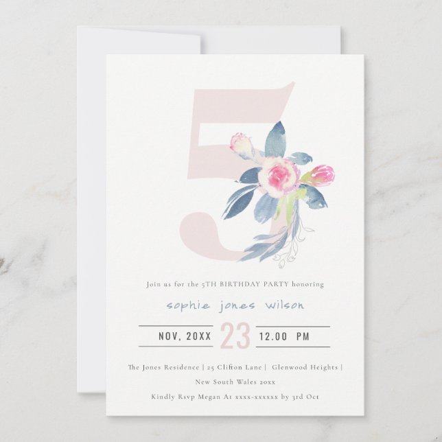 SOFT PINK BLUSH BLUE FLORAL 5TH ANY AGE BIRTHDAY INVITATION (Front)