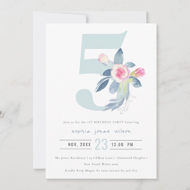 SOFT PINK BLUSH BLUE FLORAL 5TH ANY AGE BIRTHDAY INVITATION (Front)