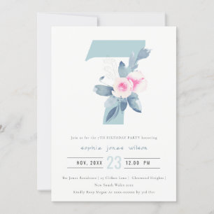 SOFT PINK BLUSH BLUE FLORAL 7TH ANY AGE BIRTHDAY INVITATION