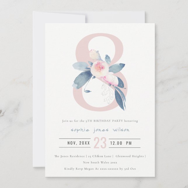 SOFT PINK BLUSH BLUE FLORAL 8TH ANY AGE BIRTHDAY INVITATION (Front)