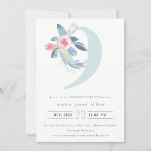 SOFT PINK BLUSH BLUE FLORAL 9TH ANY AGE BIRTHDAY INVITATION