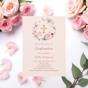 Soft pink blush florals cross Confirmation Invitation