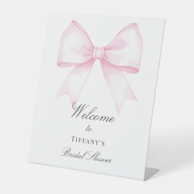 Soft Pink Blush Ribbon Bow Bridal Shower Welcome Pedestal Sign (Front)