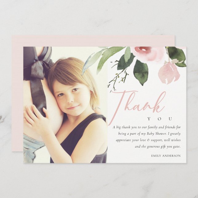 SOFT PINK BLUSH ROSE BABY SHOWER THANK YOU PHOTO INVITATION (Front/Back)