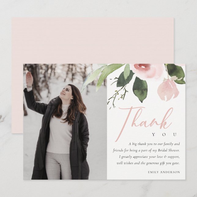 SOFT PINK BLUSH ROSE BRIDAL SHOWER THANK YOU PHOTO INVITATION (Front/Back)