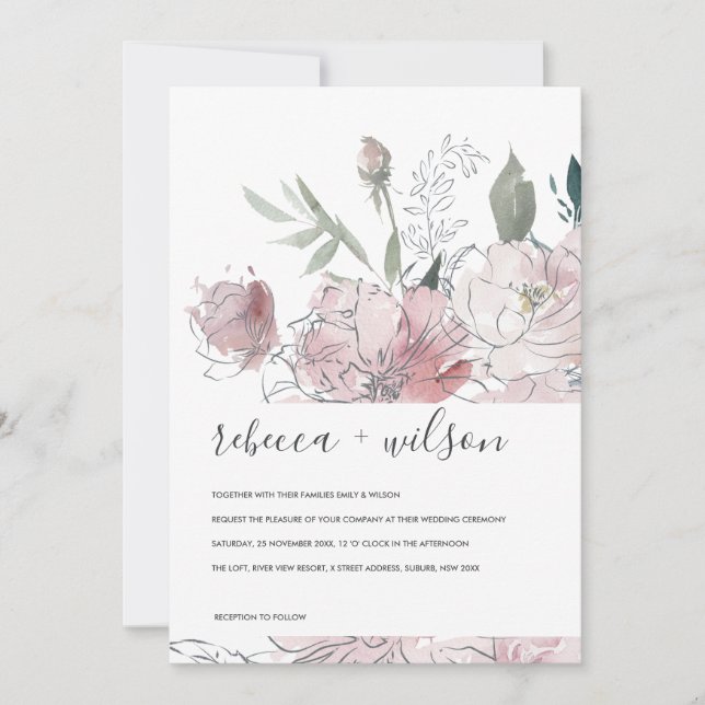 SOFT PINK BLUSH WATERCOLOR FLORAL WEDDING INVITE (Front)