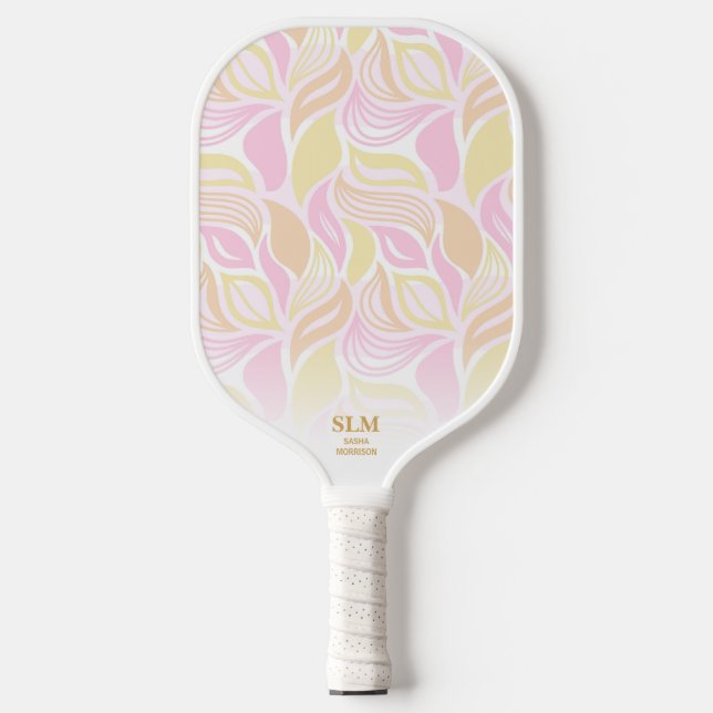 Soft Pink Botanical Leaf Pattern Custom Monogram Pickleball Paddle (Front)