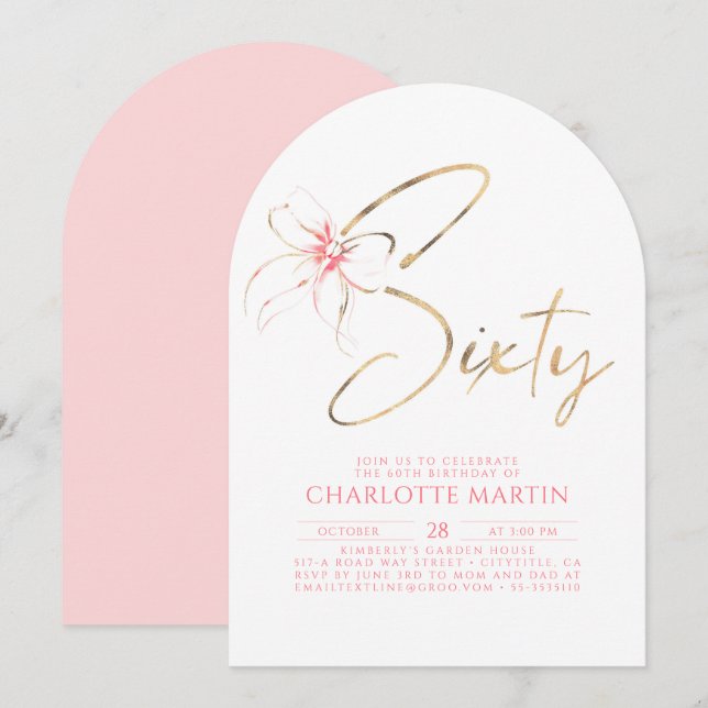 Soft Pink Bow Elegant Romantic Chic 60th Birthday Invitation (Front/Back)